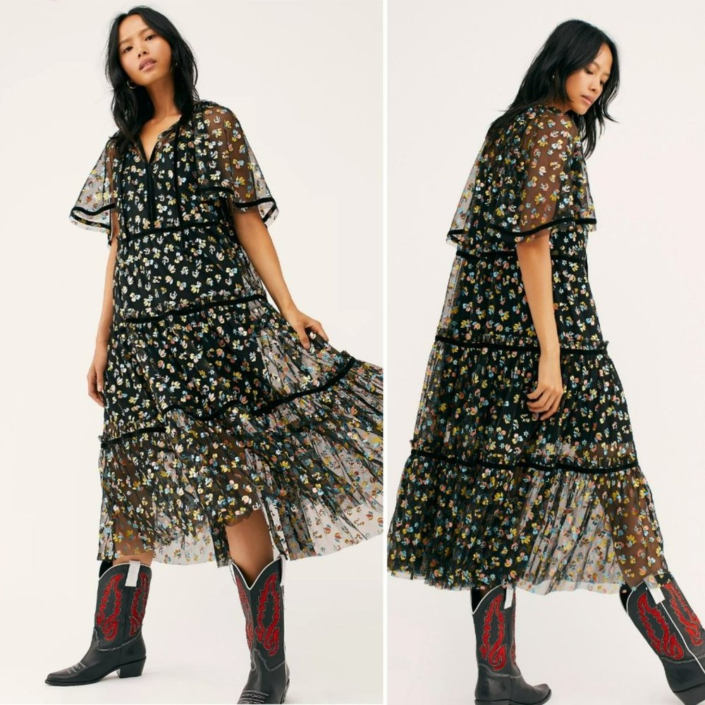 Free People Practical Magic Black Sheer Tiered Midi Maxi Dress Sheer Floral S